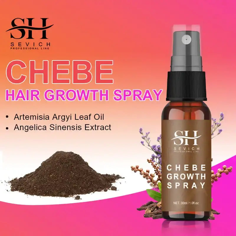 Hair growth spray bottle labeled ’CHEBE’ with ingredients listed.