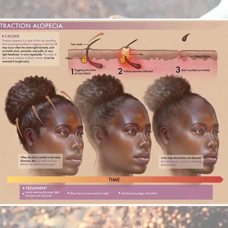 Infographic explaining traction alopecia, showing progression of hair loss over time with anatomical diagrams and treatment options.