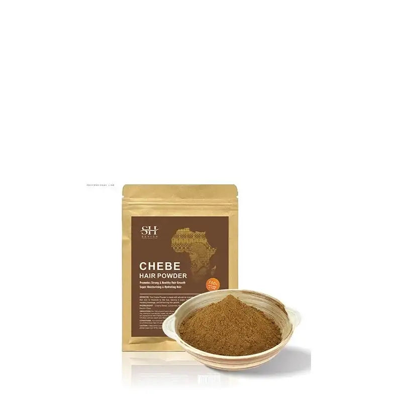 Packet of Chebe hair powder with a bowl of the powder displayed beside it.