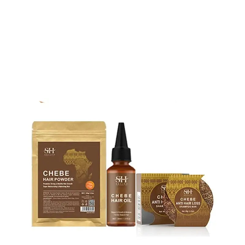 Hair care product set featuring Chebe-infused oil, powder, and butter in brown and gold packaging.