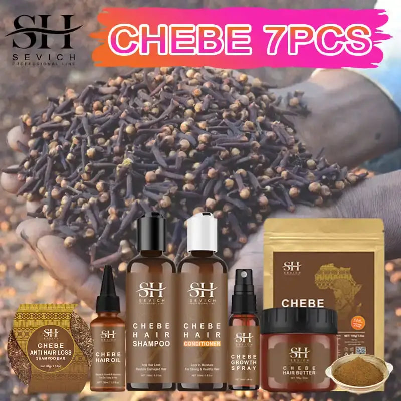 Product collection featuring ’Chebe’ hair care items including shampoo, conditioner, spray, powder, and other treatments.