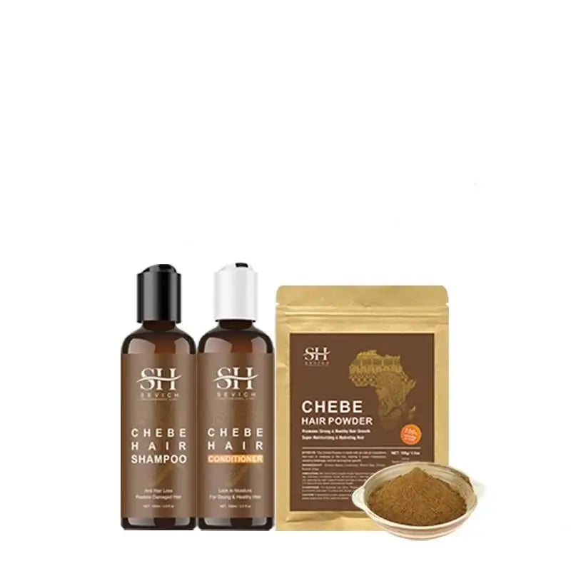 Set of hair care products including shampoo, conditioner, and a powder in packaging featuring African-inspired branding.