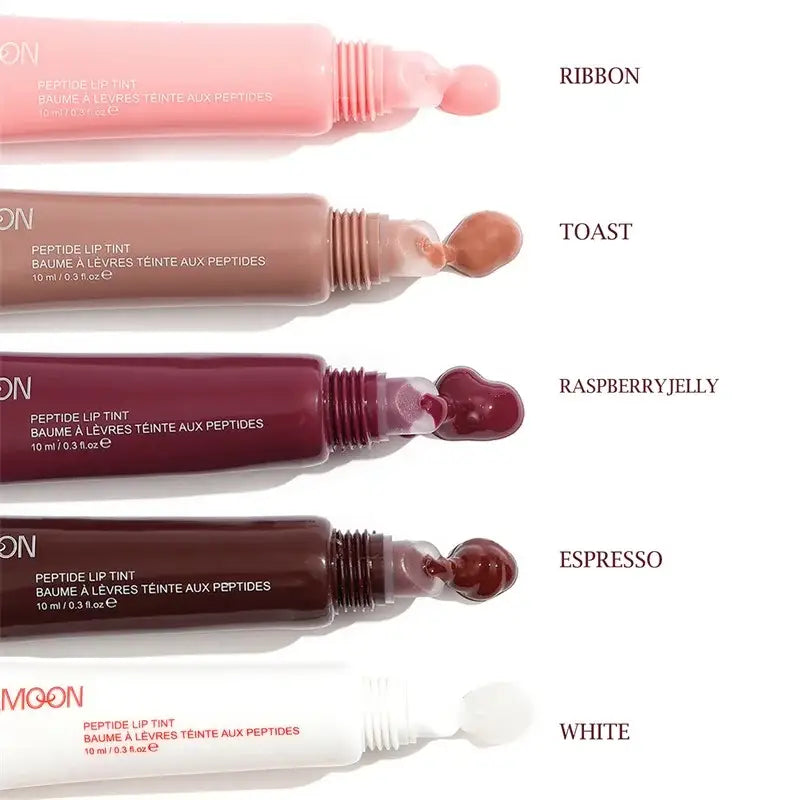 Collection of lip gloss tubes in various shades from pink to brown.