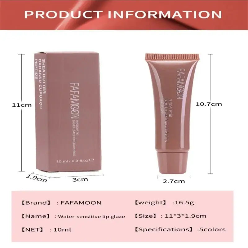 Lip glaze product with packaging and tube shown alongside product information details.