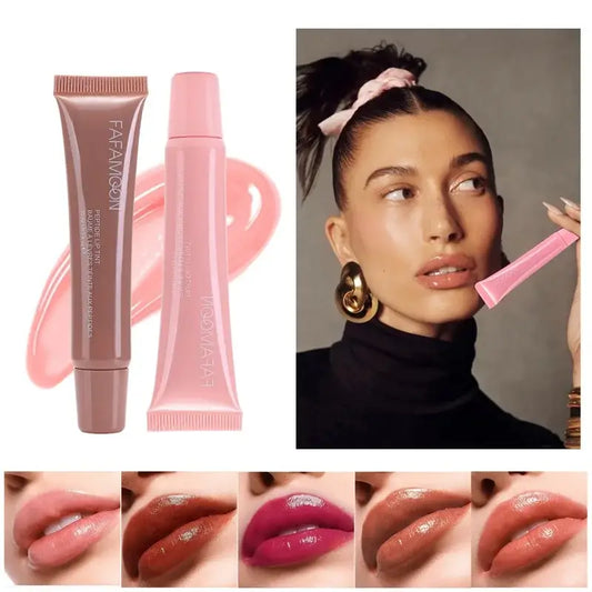 Lip gloss product showcased with various shades and application examples.