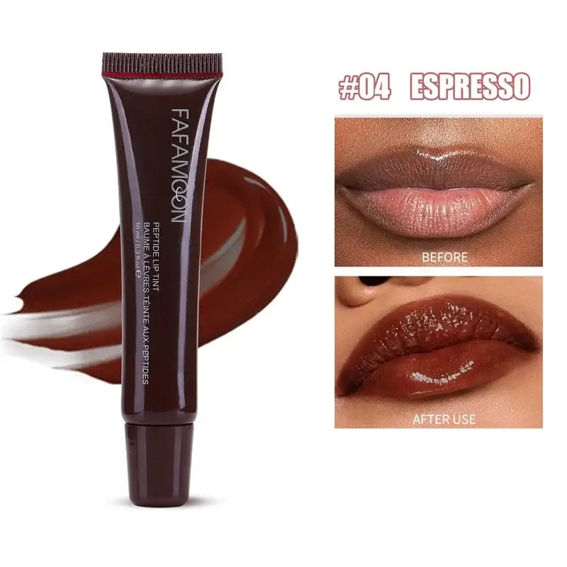 Tube of dark brown lip gloss labeled ’#04 ESPRESSO’ with before and after lip application images.