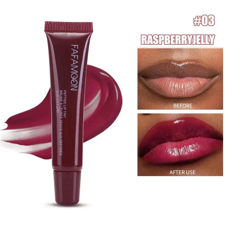 Tube of raspberry-colored lip gloss or tint labeled ’FARMASI’ with product swatches and before/after lip application images.