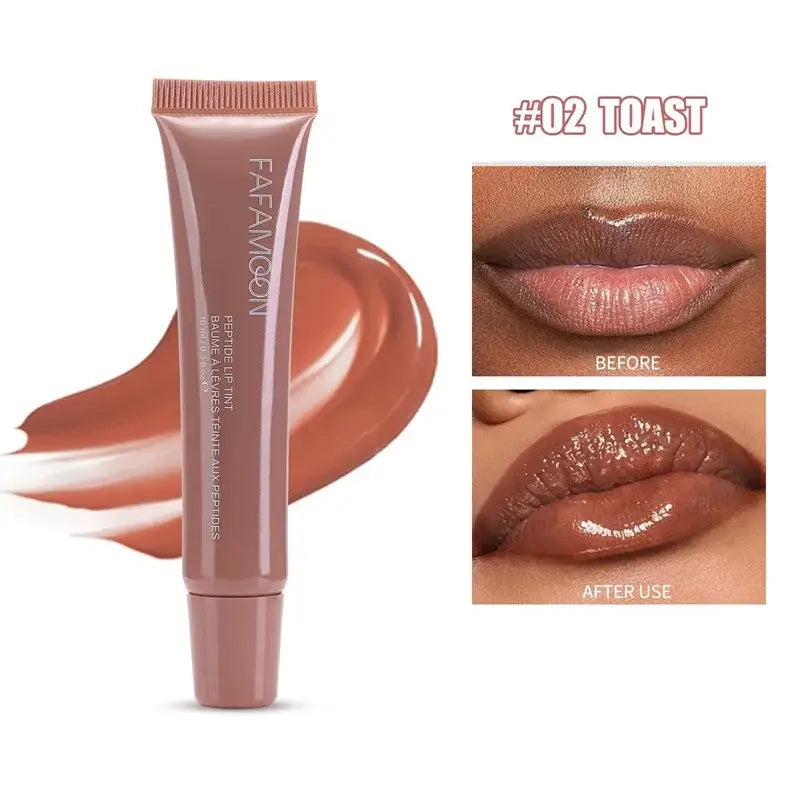 Lip gloss tube in a rosy nude shade with accompanying before and after lip application images.