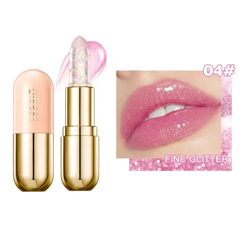 Glittery pink lipstick in a gold-toned tube with a close-up of glossy lips.