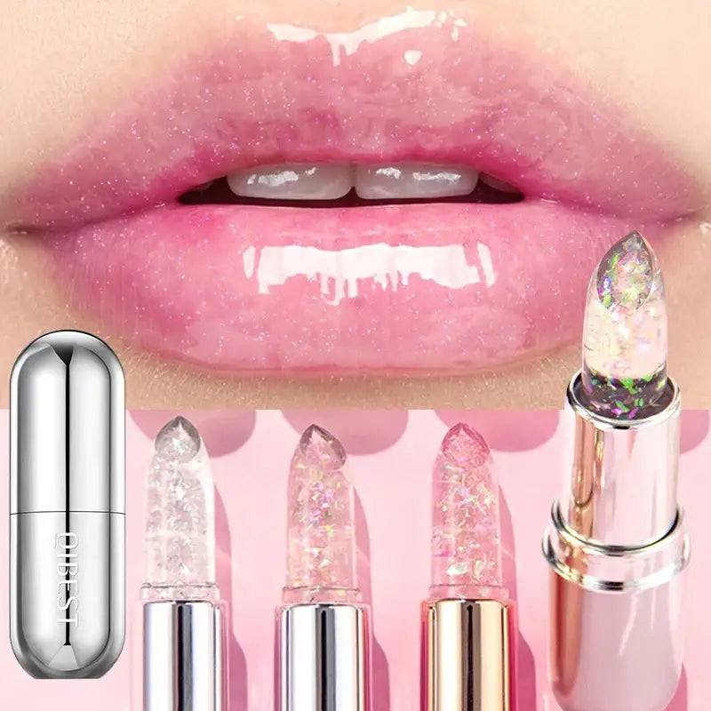 Glossy pink lips with several crystal-like lipsticks below them.