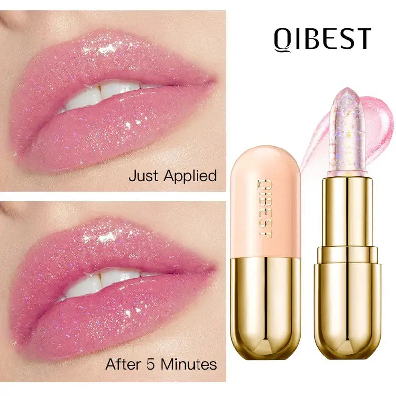 Shimmery pink lipstick in a gold metallic tube with before and after application images.