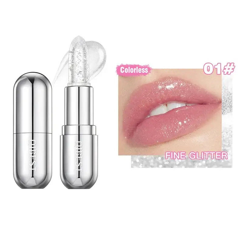 Silver lipstick tube with a clear, glittery lip product and an image of glossy lips.