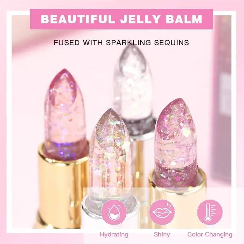 Sparkly, translucent lipsticks or lip balms with glittery particles inside clear casings.