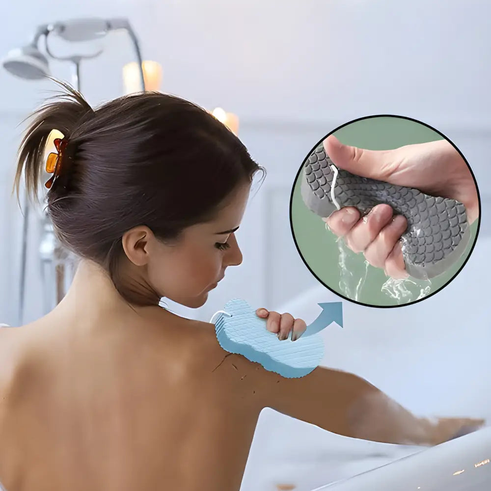 Silicone body scrubber with textured surface for exfoliating skin during bathing.