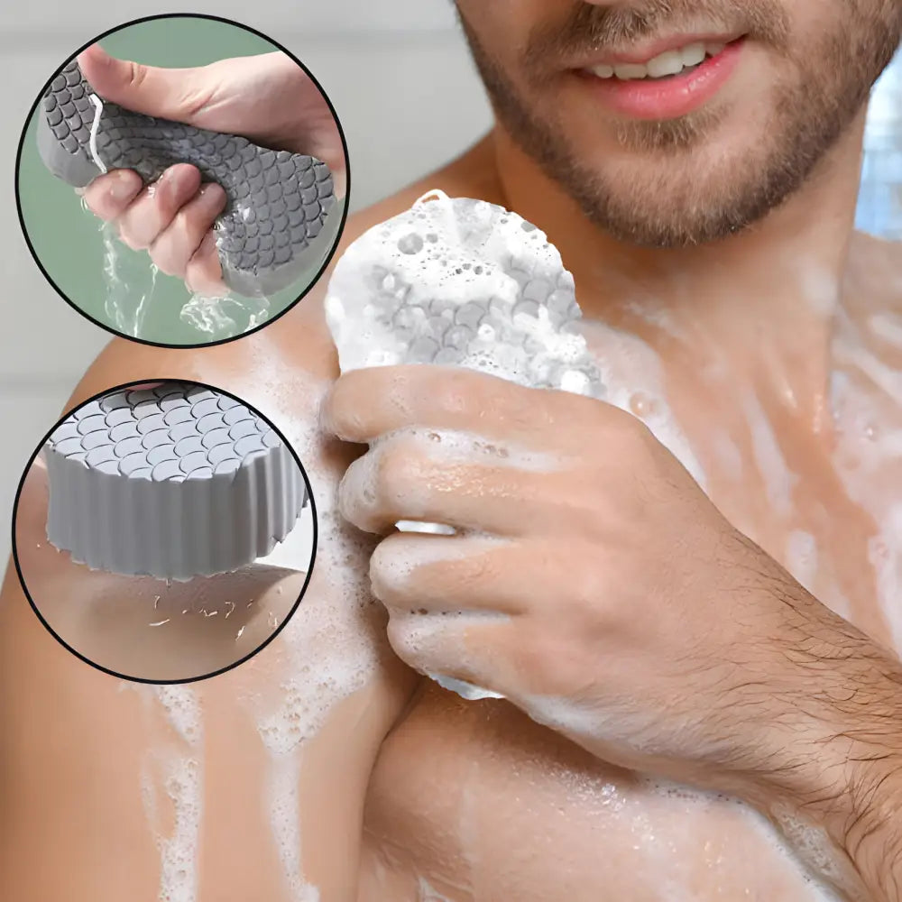 Silicone body scrubber with textured surface for exfoliating skin.