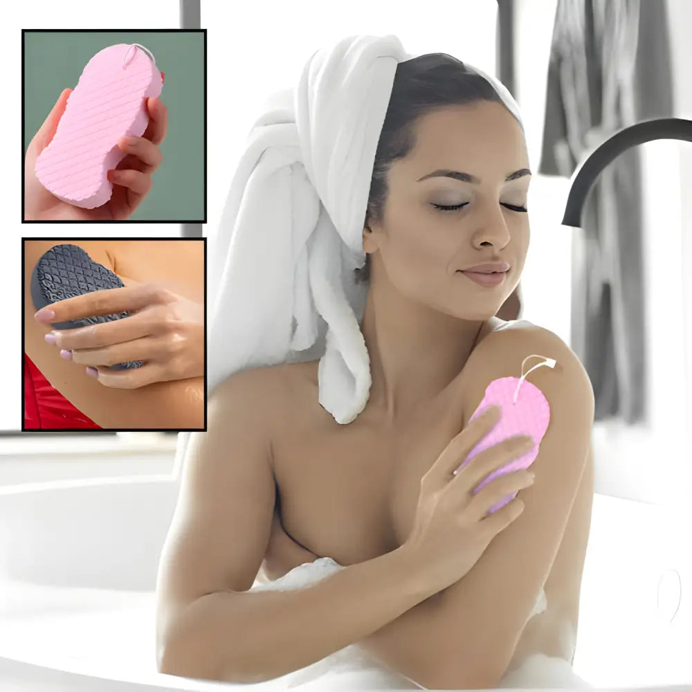 Woman using a pink exfoliating or cleansing tool on her shoulder while wrapped in a towel.