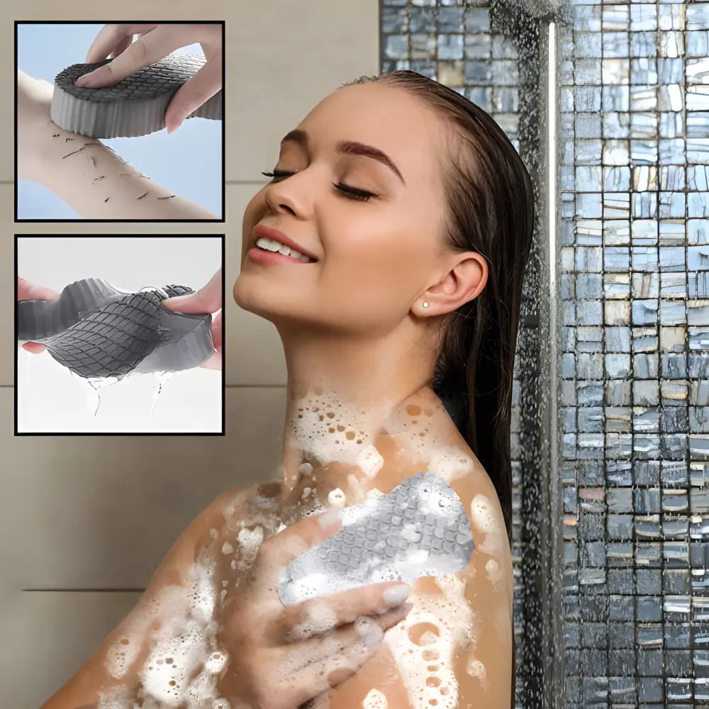 Woman showering and using an exfoliating scrubber on her skin.