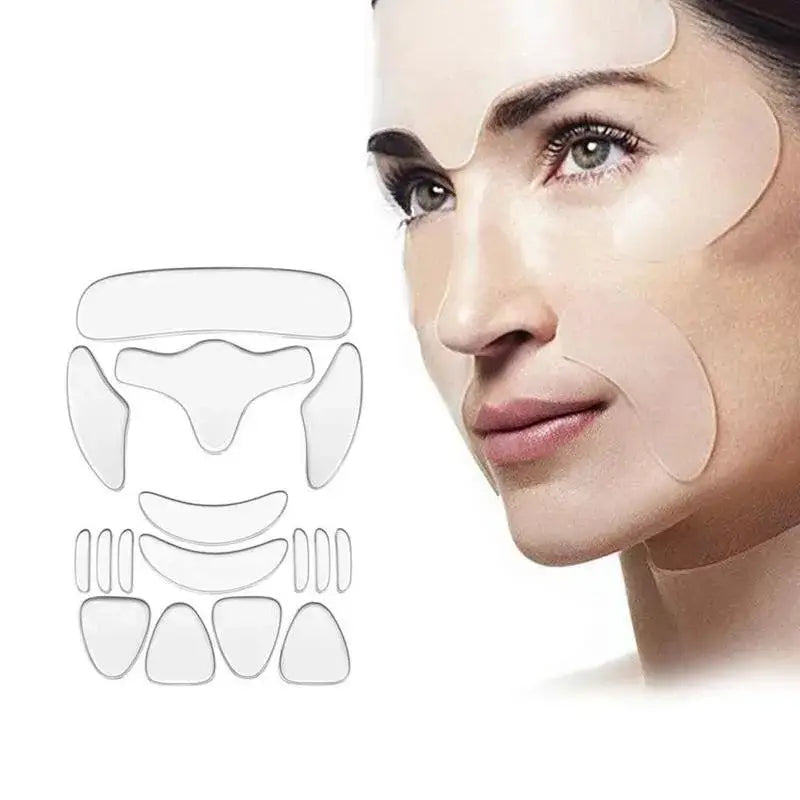 Woman’s face shown in profile alongside a diagram of facial patches or masks.