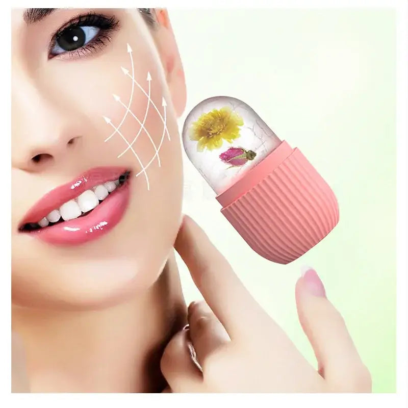 Capsule-shaped beauty product with a pink base and transparent top containing flower petals.