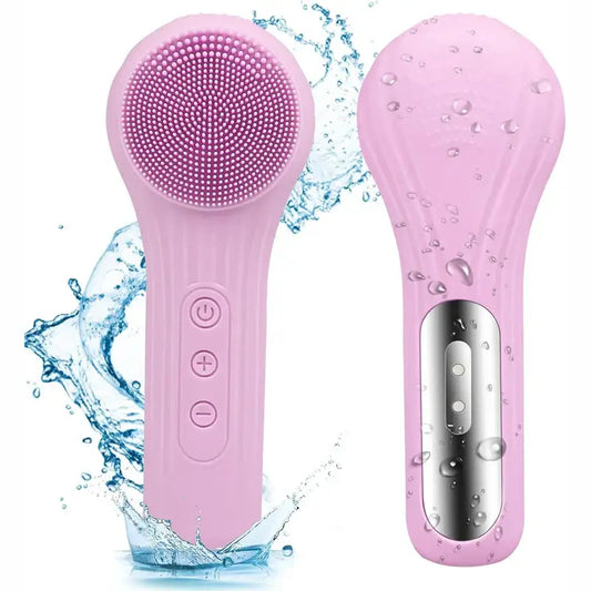 Pink facial cleansing brush with silicone bristles and waterproof design.