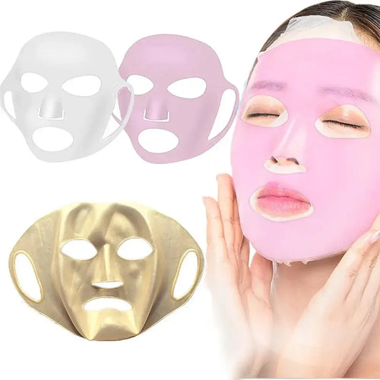 Facial mask for skincare treatment shown in various colors and materials.