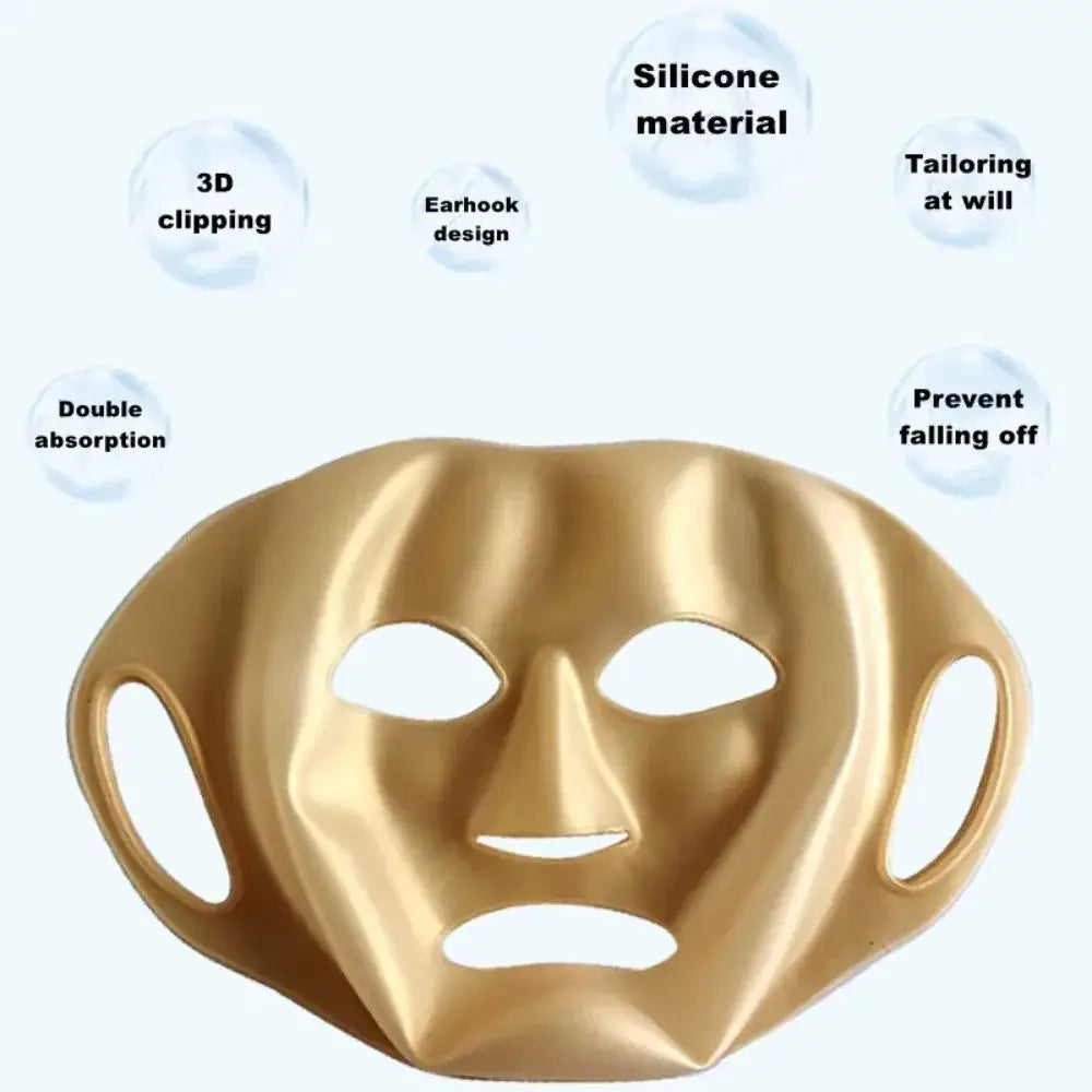 Gold-colored facial mask with labeled features around it.