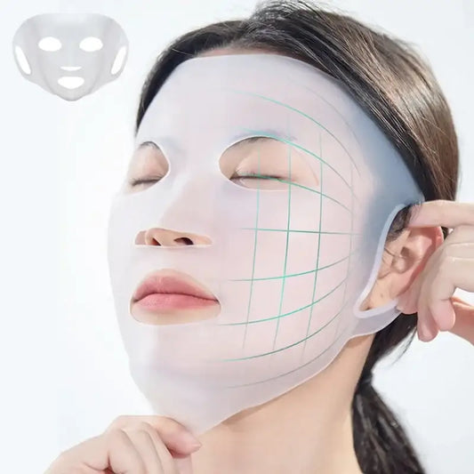 Facial mask with grid pattern being applied to a person’s face.