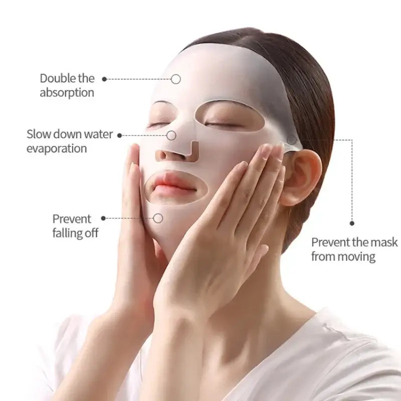 Facial sheet mask with labeled features and a hand applying it to a person’s face.