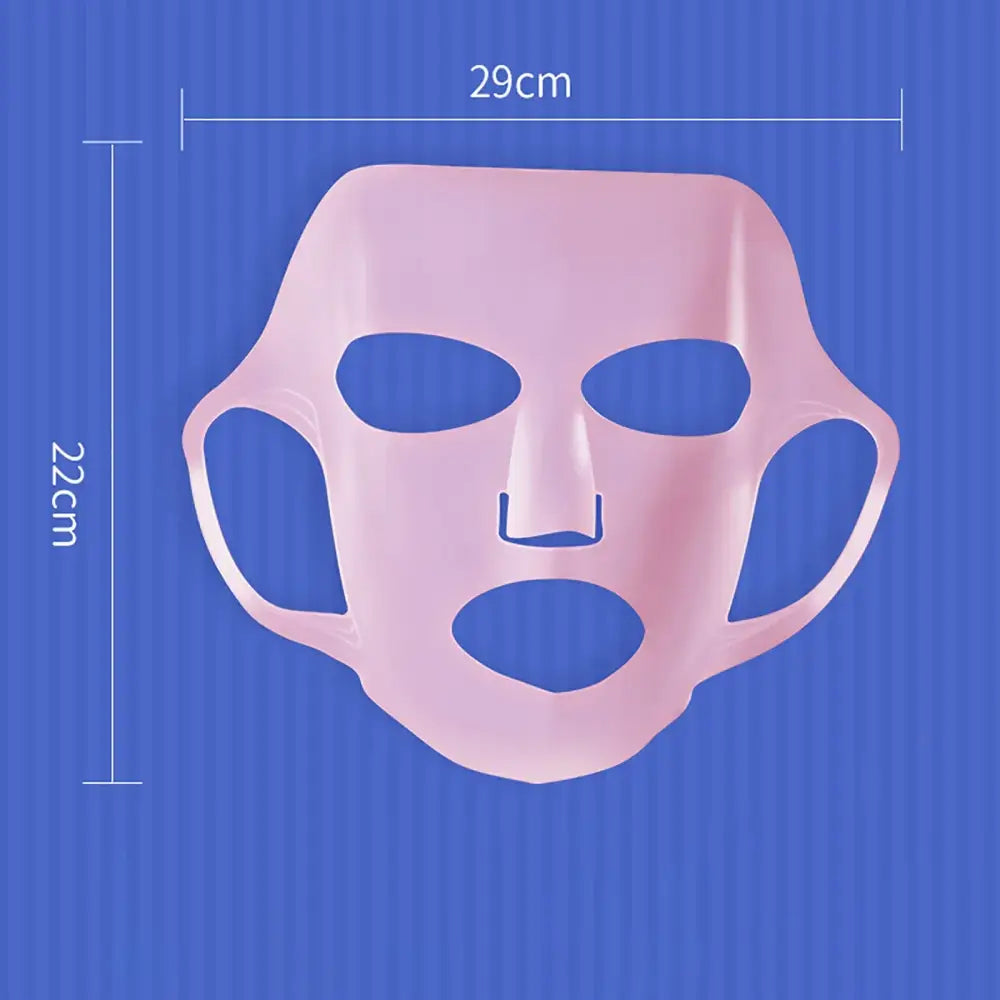 Pink facial mask with cutouts for eyes, nose, and mouth.