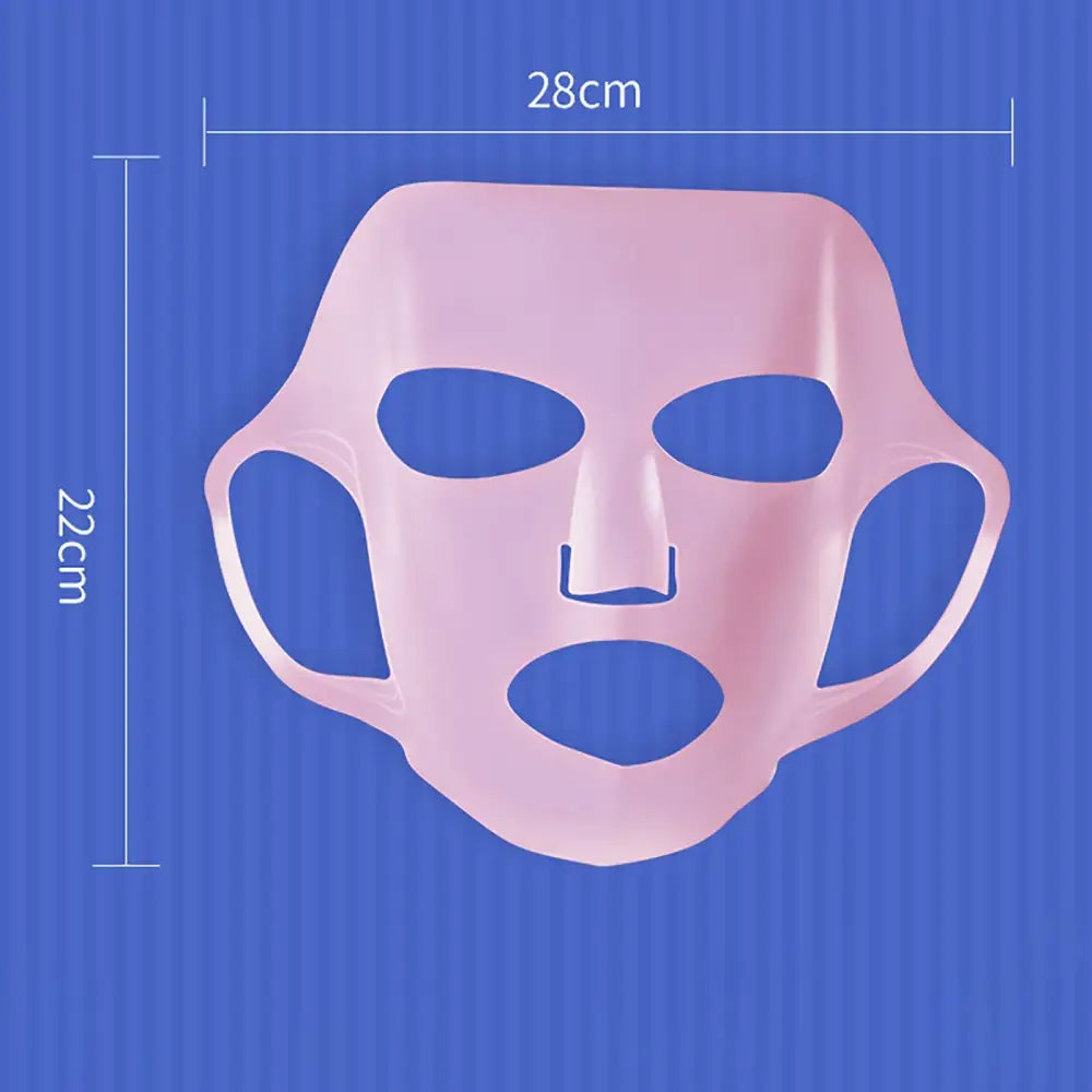 Pink facial mask with cutouts for eyes, nose, and mouth.