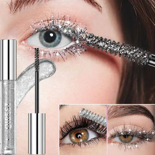 Glittery silver mascara wand applying sparkly eye makeup.