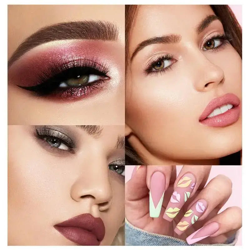 Collage of makeup looks and nail art showcasing various beauty trends.