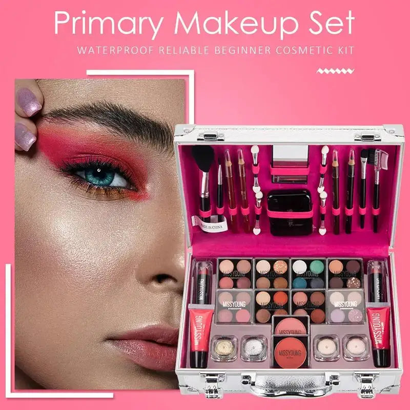 Makeup kit containing various cosmetic products in a pink-lined case.