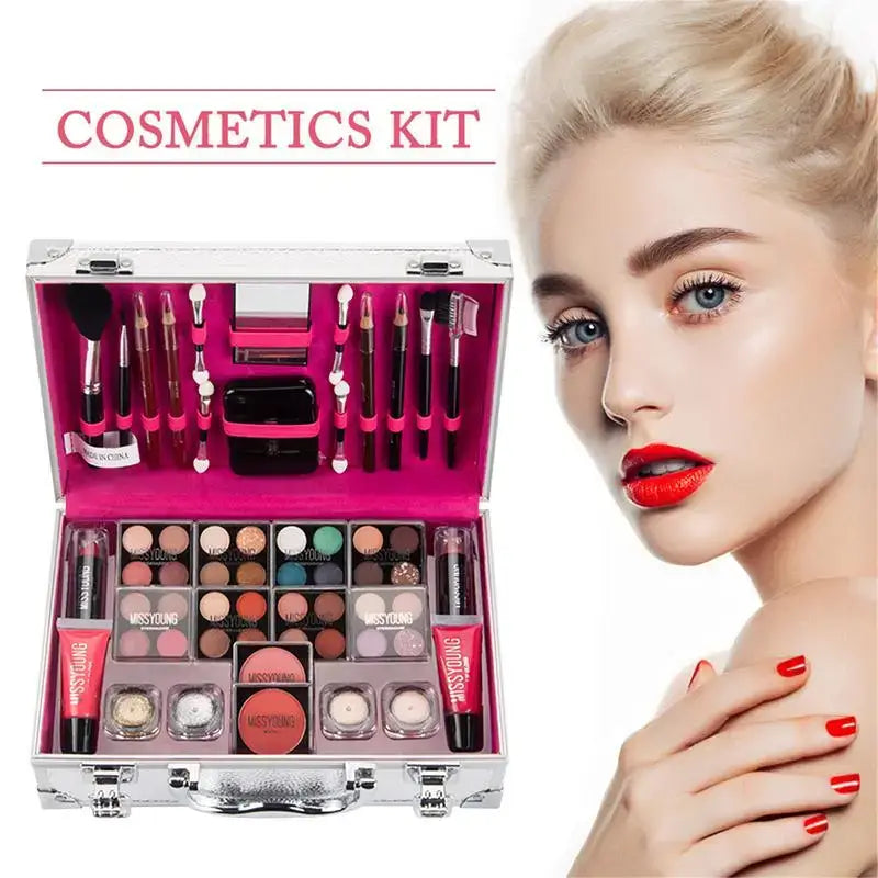 Cosmetics kit containing various makeup products in a pink-lined case.