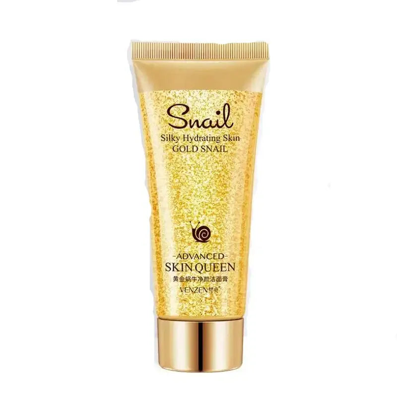 Gold-colored tube of snail-based skincare product labeled ’Gold Snail’ by Skin Queen.