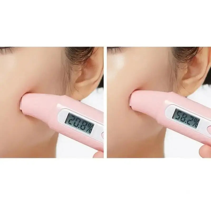 Pink digital thermometer being used to measure body temperature.