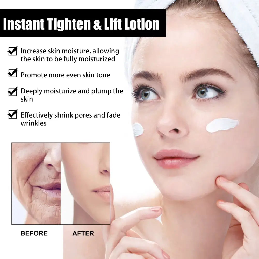 Advertisement for a skin tightening and lifting lotion, featuring product claims and before/after comparison images.