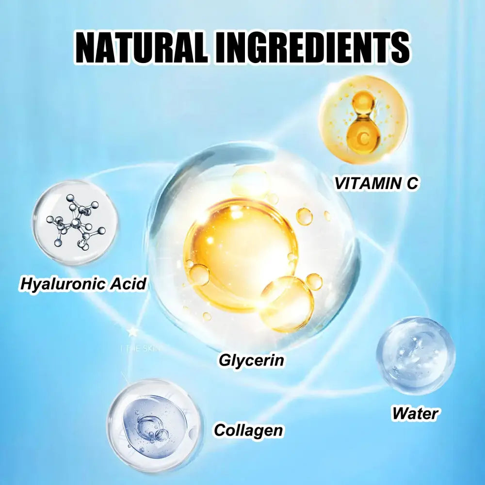 Infographic displaying natural skincare ingredients with labeled bubbles or droplets for each component.