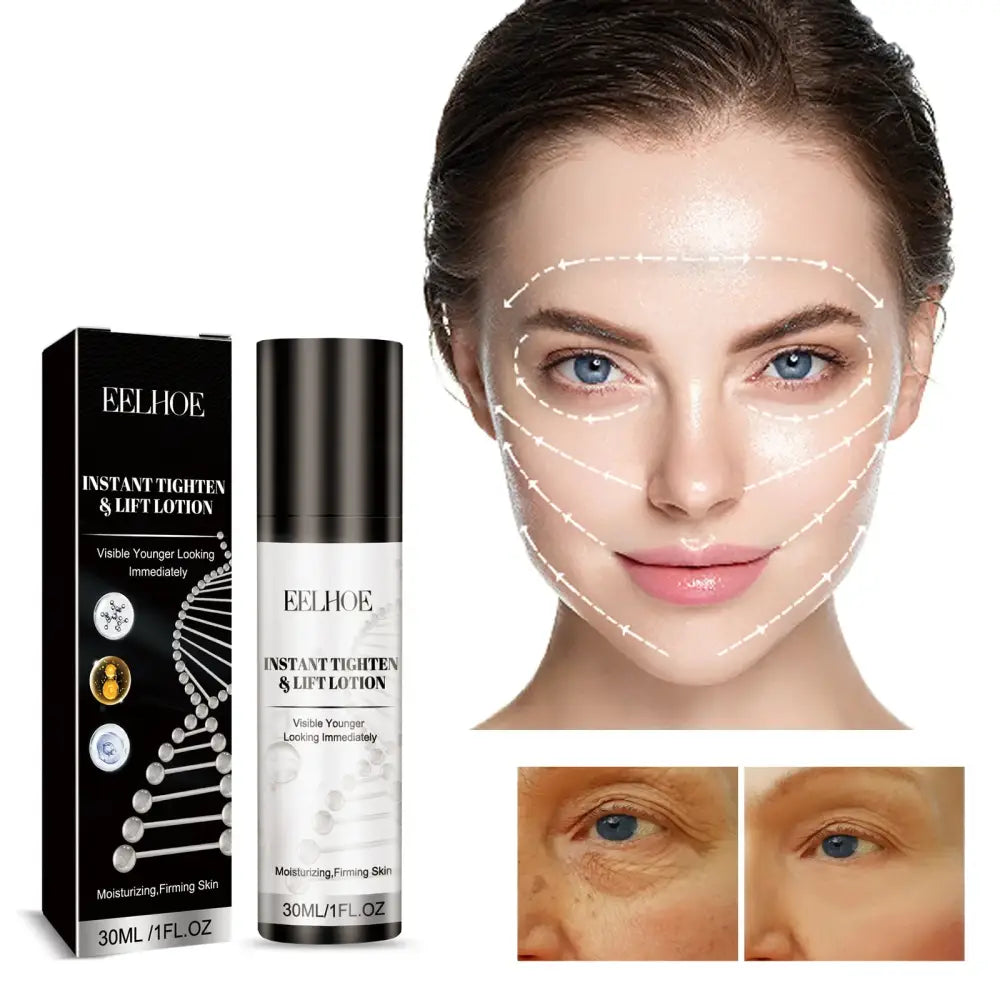 Skincare product advertisement featuring before-and-after images and a facial serum bottle.