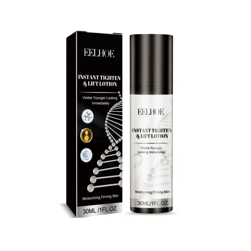 Skincare product featuring a black box and white bottle labeled ’Instant Tighten & Lift Lotion’ by Eelhoe.