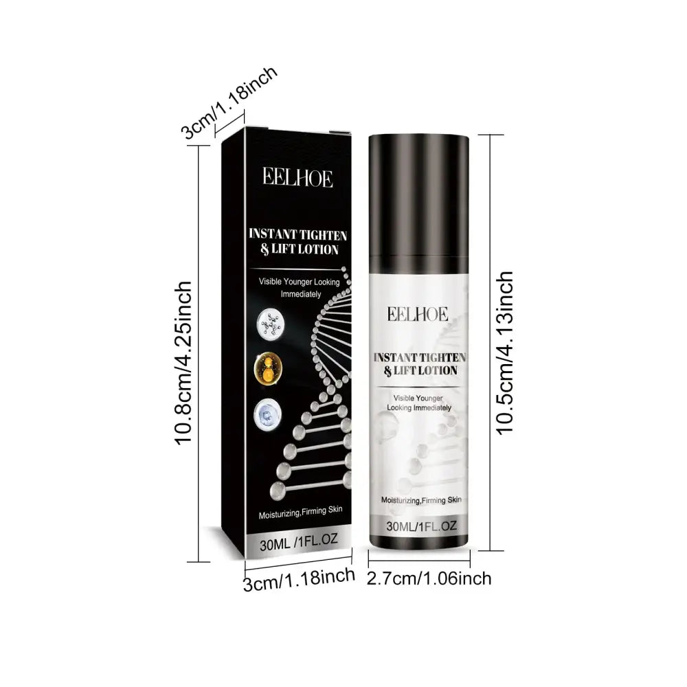 Skincare product featuring a black box and white bottle labeled ’Bellioe Instant Tighten & Lift Lotion’.