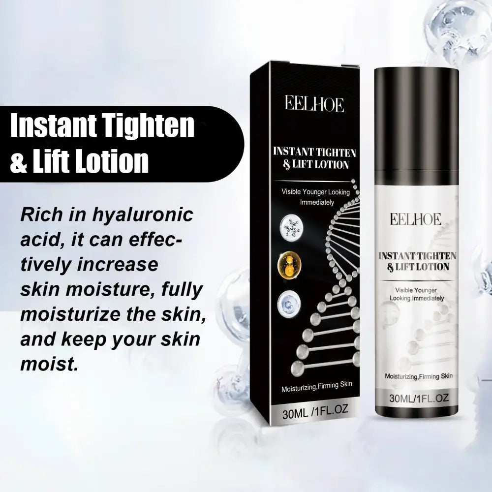 Skincare product bottle and packaging for ’Instant Tighten & Lift Lotion’ by Bellioe.