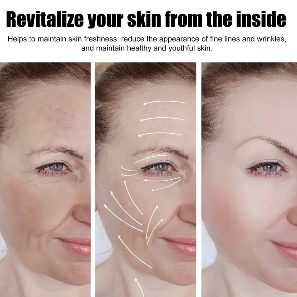 Three-panel progression showing skin rejuvenation effects, with lines and wrinkles visibly reduced from left to right.