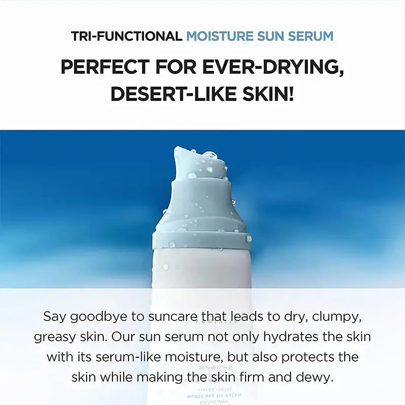 White bottle of tri-functional moisture sun serum with a dollop of product on top.