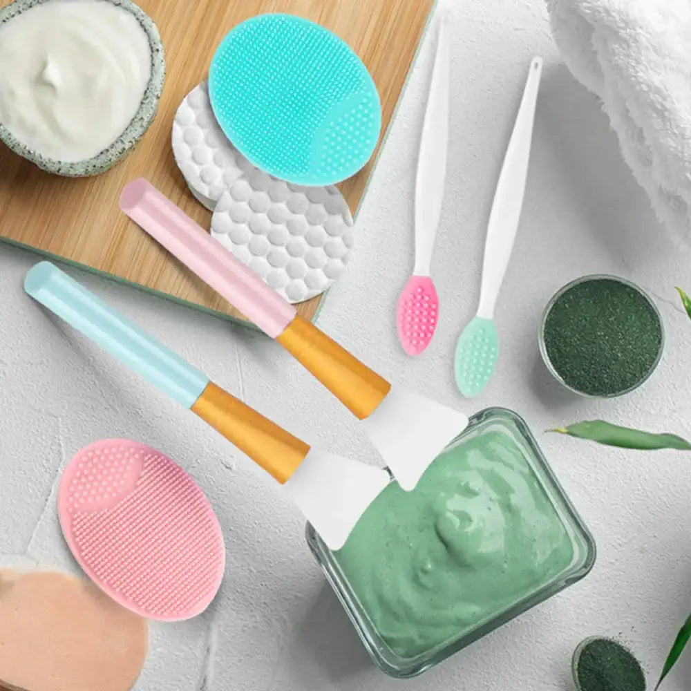 Collection of skincare and beauty tools including facial masks, brushes, and applicators.