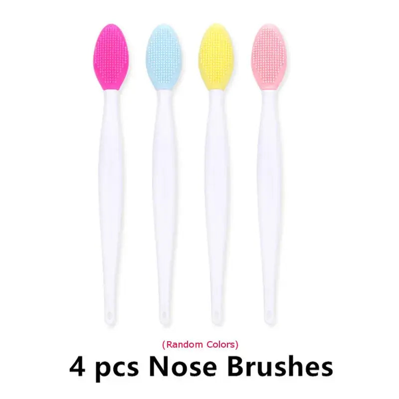 Four colorful silicone nose brushes with white handles.