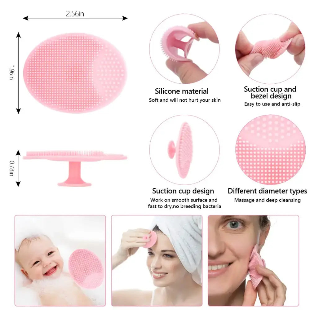 Pink silicone facial cleansing brush with suction cup base.