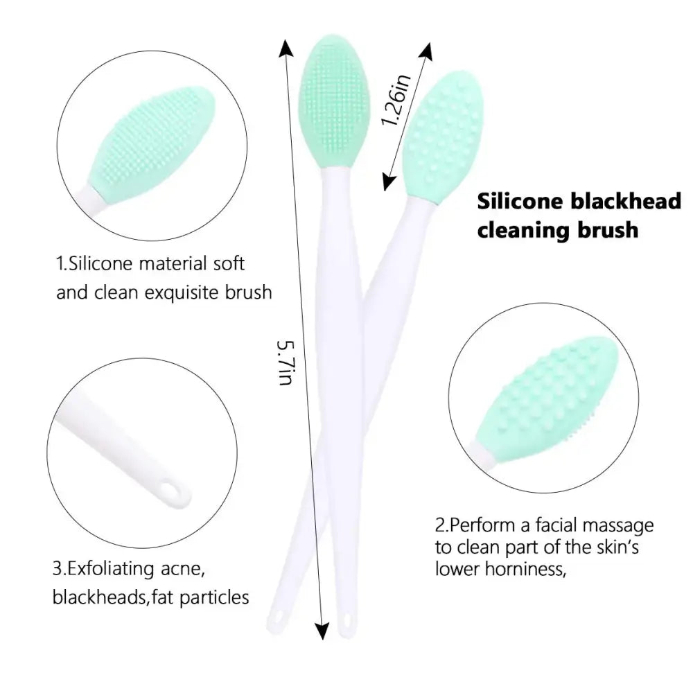 Silicone blackhead cleaning brush with a long white handle and mint green bristles.