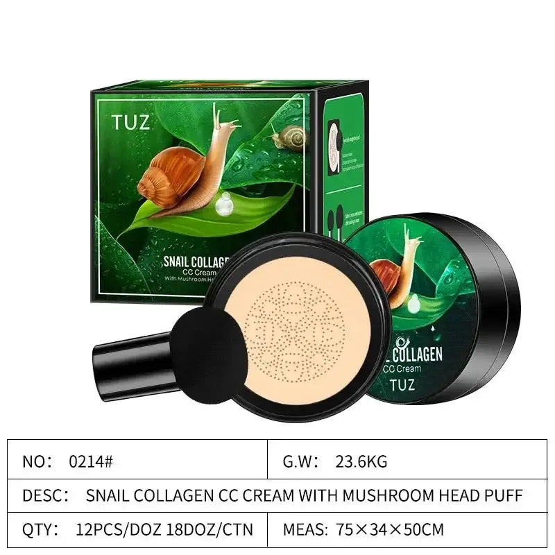 Snail collagen CC cream with mushroom head puff applicator and packaging.