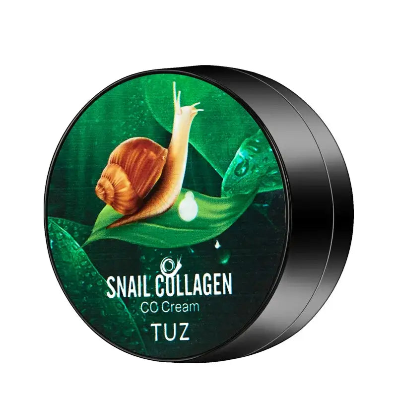 Circular container of snail collagen CC cream labeled ’TUZ’ with a snail illustration on the lid.